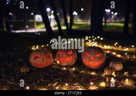 Familie der Halloween Kürbisse im Herbstpark. Stockfoto