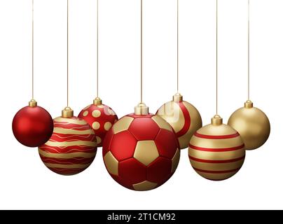 Rote und goldene Weihnachtskugeln. Abbildung des 3D-Renderings isoliert auf weißem Hintergrund. Stockfoto