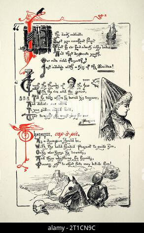 Seite aus dem Ritter und dem Drachen von Thomas Hood, Fantasy Mythology, Ritter, Prinzessin, illustriert von Ernest Maurice Jessop Stockfoto