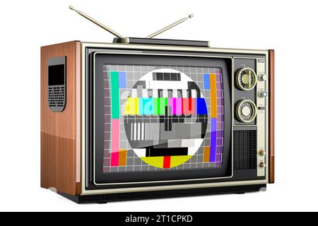 Vintage-Fernseher mit Testkarte TV, 3D-Rendering isoliert auf weißem Hintergrund Stockfoto