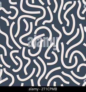 Weiße, auffällige Squiggles. Weiße gekrümmte Linien isoliert auf dunklem Hintergrund. Nahtloses monochromes geometrisches Muster. Stock Vektor