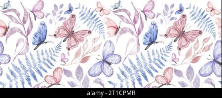 Aquarell Hand gezeichnete Blätter, Farn und Butterfly nahtlose Grenze, Blumen wiederholen Papier, nahtlose Muster Illustration Stockfoto