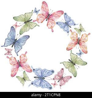 Aquarell Hand gezeichnete Farbe Buttrefly Kranz Illustration, Mottenrahmen Clipart, Insektenzusammensetzung Stockfoto