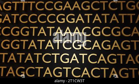 Hintergrund der goldenen ATGC-Buchstaben. Adenin, Thymin, Cytosin und Guanin sind die vier Nukleotide, die im 3D-Rendering der DNA gefunden werden Stockfoto