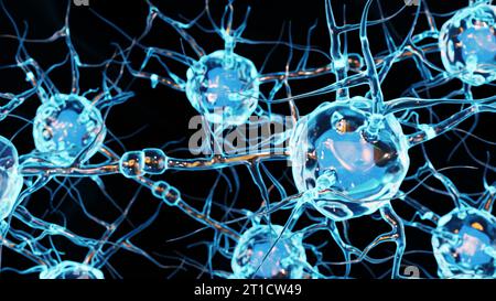 Ein Neuron oder eine Nervenzelle ist eine elektrisch erregbare Zelle. Es kommuniziert mit anderen Zellen über das 3D-Rendering der Synapsen Stockfoto