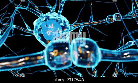 Ein Neuron oder eine Nervenzelle ist eine elektrisch erregbare Zelle. Es kommuniziert mit anderen Zellen über das 3D-Rendering der Synapsen Stockfoto