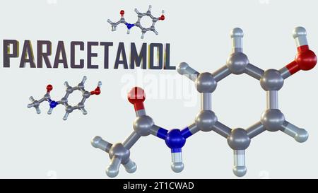 Isoliertes Paracetamol-Molekül. Paracetamol ist ein Analgetikum und Antipyretikum, das zur vorübergehenden Linderung von leichten Schmerzen und Fieber-3D-Rendering verwendet wird Stockfoto