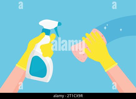 Der Hausarbeiter wischt die Oberfläche ab. Hände in gelben Handschuhen mit Sprühspray reinigen und abwischen. Reinigung und Desinfektion. Zu Hause desinfizieren. Vektorabbildung. Stock Vektor