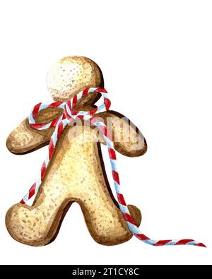 weihnachtsdekoration in Aquarellen. Yammy Lebkuchenkeks. Aquarellillustration von handgemalten weihnachtskeksen: Mann, Baum, Sterne, Süßigkeiten. Stockfoto