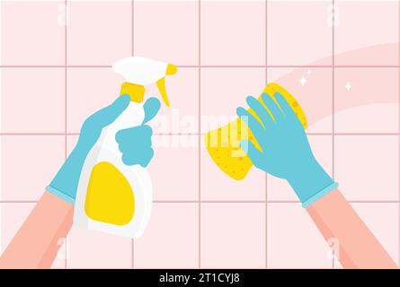 Der Hausarbeiter wischt die Oberfläche ab. Hände in blauen Handschuhen reinigen Fliesen mit Sprühspray und Wischtuch. Reinigung und Desinfektion. Zu Hause desinfizieren. Vektorabbildung. Stock Vektor