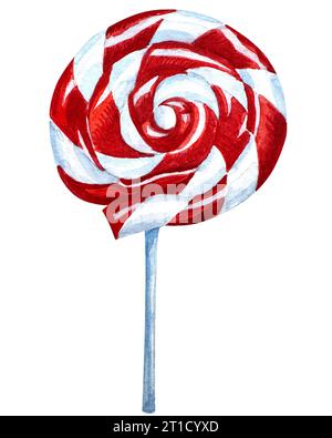 Aquarell-Cand mit Lutscher und Minzbonbons. Aquarellillustration für Winterferien. Karamell, Zuckerstangen, Lutscher, Dragees, Minzbonbons Stockfoto