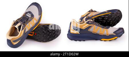 Set von Outdoor-Schuhen für Männer für verschiedene Aktivitäten, Trailrunning, Freilauf, schnelles Klettern, Wandern, studio-Aufnahme auf weißem Hintergrund Stockfoto