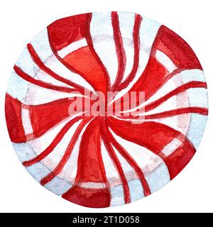 Aquarell-Cand mit Lutscher und Minzbonbons. Aquarellillustration für Winterferien. Karamell, Zuckerstangen, Lutscher, Dragees, Minzbonbons Stockfoto