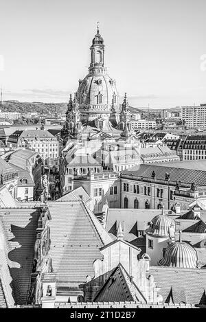 Blick von der Dachterrasse auf die Dresdner Altstadt, Sachsen, Deutschland, von der Aussichtsplattform des Dresdner Schlosses in Schwarz-weiß Stockfoto