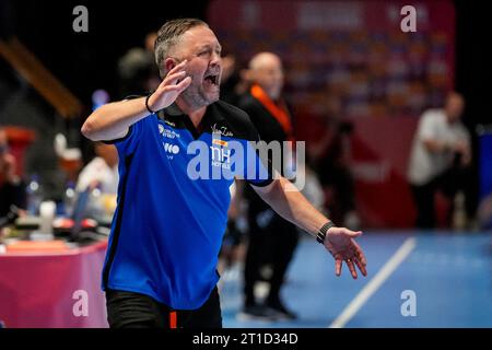 Almere, Niederlande. Oktober 2023. ALMERE, NIEDERLANDE - 12. OKTOBER: Cheftrainer per Johansson der Niederlande reagiert während des Qualifiyspiels der Frauen EHF Euro 2024 zwischen den Niederlanden und Portugal im Topsportcentrum Almere am 12. Oktober 2023 in Almere, Niederlande (Foto: Rene Nijhuis/BSR Agency) NOCNSF Credit: BSR Agency/Alamy Live News Stockfoto