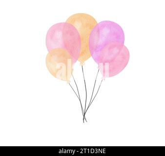 Pastellfarbenes Ballonstrauß aus rosa, gelben und violetten Ballons. Handgezeichnete Illustration für Grußkarte, Babydusche, Veranstaltung, Einladung. Stockfoto