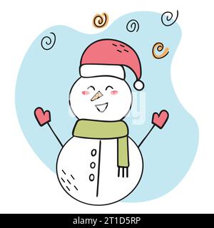 Glücklicher Schneemann. Illustration mit Kritzeleien. Kinderkarte. Hallo Winter Stock Vektor