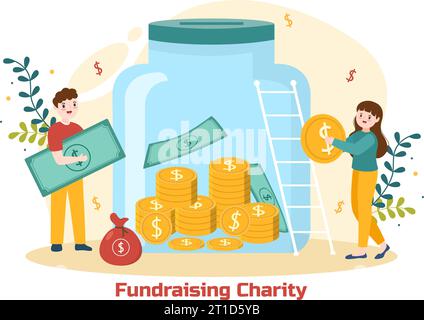 Fundraising Charity und Spende Vektor Illustration mit Freiwilligen, die Münzen oder Geld in Spendenbox in Financial Support Cartoon Hintergrund Stock Vektor