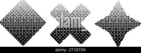 Bitmap-Set für geometrische Formen. Dither Gradient Forms Collection. Quadratische, kreuzförmige und sternförmige Elemente für Poster, Banner, Collage, Broschüre. Abstrakte, pixelförmige Formen. Vektor Stock Vektor