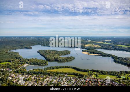 Luftbild, Halterner Stausee, Insel Overrath, Hafen und Segelclub, Restaurant Seeblick, Haltern-Stadt, Haltern am See, Ruhrgebiet Münsterland, Nordrhein-Westfalen, Deutschland ACHTUNGxMINDESTHONORARx60xEURO *** Luftansicht, Haltern-Stausee, Insel Overrath, Hafen und Segelclub, Seeblick Restaurant, Haltern Stadt, Haltern am See, Ruhrgebiet Münsterland, Nordrhein-Westfalen, Deutschland ATTENTIONxMINESTHONORARx60xEURO Stockfoto