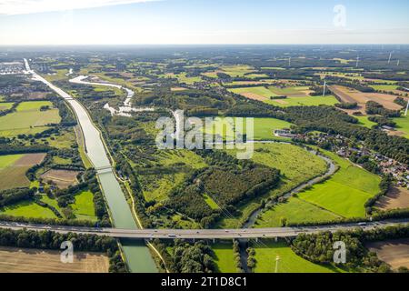 Luftbild, Autobahn A43 über den Wesel-Datteln-Kanal, Lippe Flussmäander, Lippeaue bei Bergbossendorf, Haltern am See, Ruhrgebiet Münsterland, Nordrhein-Westfalen, Deutschland ACHTUNGxMINDESTHONORARx60xEURO *** Luftansicht, Autobahn A43 über Wesel Datteln Kanal, Lippe mäander, Lippe Aue bei Bergbossendorf, Haltern am See, Ruhrgebiet Münsterland, Nordrhein-Westfalen, Deutschland ATTENTIONxMINESTHONORARx60xEURO Stockfoto