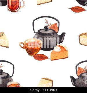 Aquarellmuster, Teekanne, Tasse Tee und Herbstblätter. Handgezeichnete Illustration isoliert auf weißem Hintergrund. Konzept für Stoffdruck, Menü Stockfoto