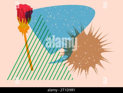 Risographenblume mit Sprechblase und geometrischen Formen. Botanik-Objekt in trendigem Rilo-Diagramm mit Geometrieelementen. Stock Vektor