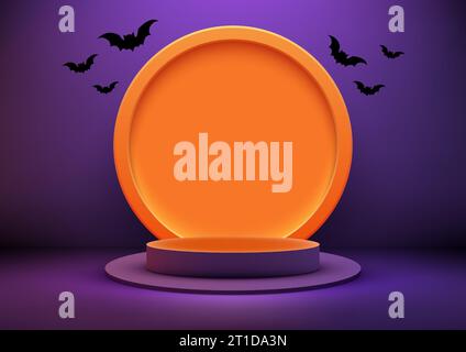 Präsentieren Sie Ihre Produkte stilvoll mit diesem 3D-realistischen orangen Podium-Produktanzeige-Modell auf violetter Wand Hintergrund Dekoration Kreis Hintergrund und b Stock Vektor