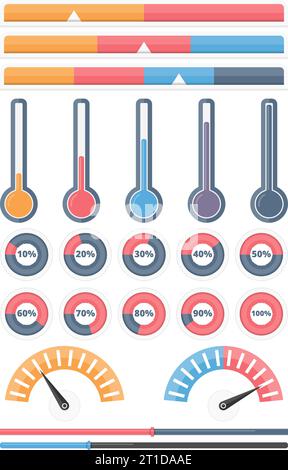 Festlegen verschiedener Indikatoren - horizontale Indikatoren, progrss Bars, Thermometer, runde Fortschrittsindikatoren Infografik Elemente für ihre Projekte, ve Stock Vektor