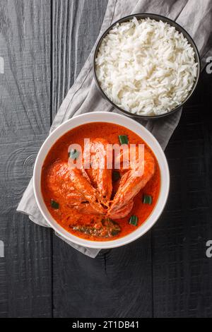 Malai Curry mit weißem Reis auf dem Holztisch. Vertikale Draufsicht von oben Stockfoto