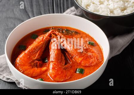 Chingri Malai Curry, auch bekannt als Garnelen Malai Curry, hergestellt aus Tiger- und Königsgarnelen und Kokosmilch und aromatisiert mit Gewürzen aus der Nähe auf dem hölzernen t t Stockfoto