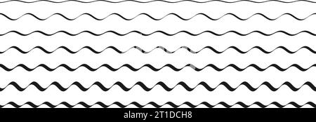 Gewelltes Rahmenmuster festgelegt. Erfassung von sich wiederholenden Kurvenlinien. Grafische Designelemente zur Dekoration. Wackelige und kurvige Teiler und Trennelemente sind verpackt. Vektorbündel Stock Vektor