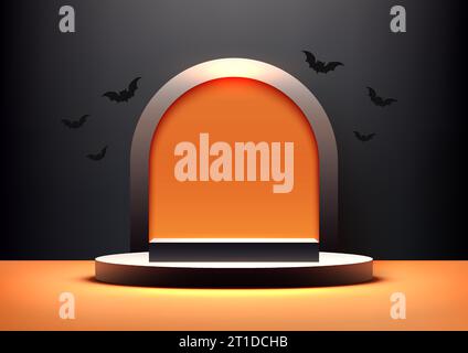 Präsentieren Sie Ihre Produkte stilvoll mit diesem realistischen 3D-Podium-Modell mit abgerundetem Hintergrund und Fledermaus in Schwarz. Perfekt für Halloween-Themen Stock Vektor
