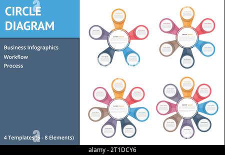 Kreis Diagramme für Infografiken, fünf, sechs, sieben und acht Elemente, Schritte und Optionen, Flussdiagramm oder Workflow Diagrammvorlage, business Infografiken Stock Vektor
