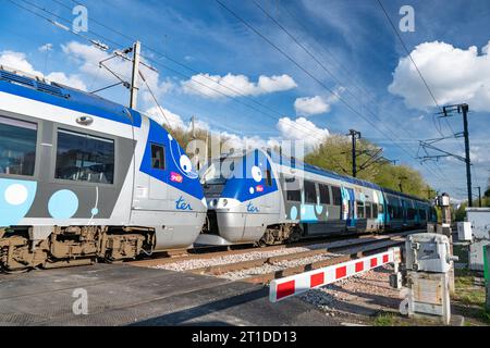 EIN lokaler Zug, der durch einen Bahnübergang fährt und Paris, Rouen und Le Havre verbindet, in der Normandie, Le Houlme. Stockfoto