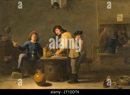 Tavernen-Szene mit Pfeifenrauchern, unbekanntes Datum. Die Art von David Teniers dem Jüngeren. Stockfoto