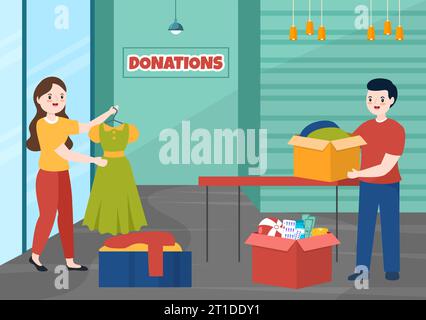 Fundraising Charity und Spende Vektor Illustration mit Freiwilligen, die Münzen oder Geld in Spendenbox in Financial Support Cartoon Hintergrund Stock Vektor