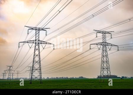 Hochspannungs-Leitungstürme des Kernkraftwerks Paluel im Departement seine-Maritime (Normandie, Nordfrankreich) Stockfoto