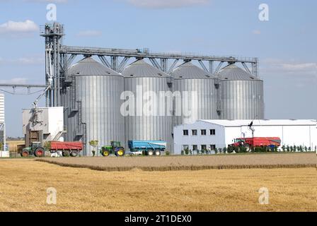 Weizenernte im Sommer im Département Loiret (Nord-Mittelfrankreich). Traktoren, die Weizen an eine Kooperative, Silos und Lagerplattform liefern Stockfoto