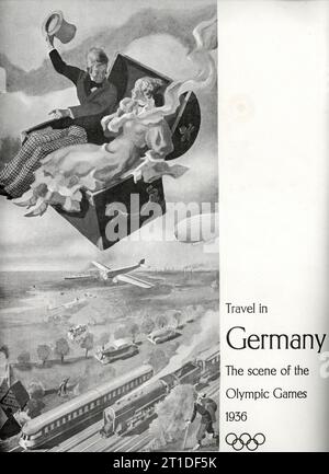 1935 Werbung für Reisen nach Deutschland mit Flugzeug Zug Boot Auto und Zeppelin für den Besuch der XI. OLYMPISCHEN SPIELE BERLIN 1936 in Deutschland vom 1. Bis 16. August Stockfoto