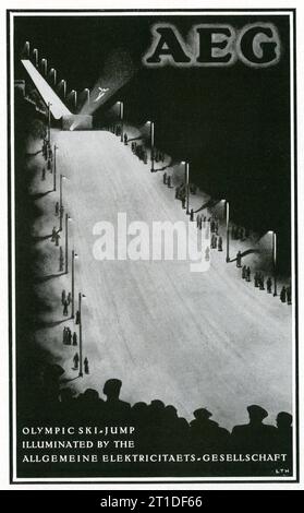 1935 Werbespot für die Olympische Skisprung mit AEG-Beleuchtung für die kommenden IV. OLYMPISCHEN WINTERSPIELE in GARMISCH-PARTENKIRCHEN vom 6. Bis 16. Februar 1936 und XI. OLYMPISCHE SPIELE BERLIN 1936 vom 1. Bis 16. August in Deutschland Stockfoto