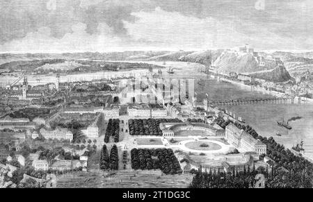 Die Stadt Coblentz, 1860. „Coblentz ist eine befestigte Stadt Rheinpreußens, am linken Rheinufer, am Einzug der Mosel, wobei der ehemalige Fluss hier von einer Bootsbrücke überquert wird... und der letztere von einer Steinbrücke... seine Bevölkerung im Jahr 1846 betrug 23.421... um ihn herum befinden sich mehrere freistehende Festungen. Ehrenbreitstein, gegenüber des Rheins, ist eines der stärksten Bauwerke. Es wird von etwa 400 Kanonen verteidigt...keine Stadt am Rhein übertrifft Coblentz in der Schönheit seiner Lage: Von welcher Seite Sie sich nähern, zu Land oder zu Wasser, es bietet ein wunderschönes Bild...Co Stockfoto