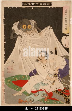 Minamoto no Yorimitsu schneidet bei der Erdspinne, 1892. Aus den neuen Formen der 36 Geister. Stockfoto