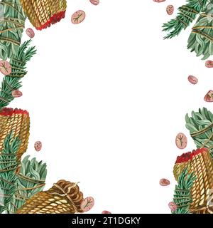 Ein quadratischer Rahmen aus Weissagungselementen: Kräuter zur Begasung, Kerzen, Steine mit Runen. Alle Elemente sind handbemalt in Aquarell Stockfoto