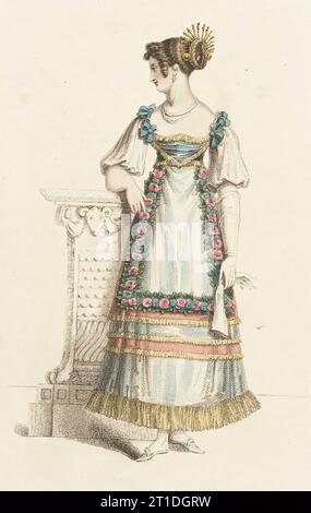 Fashion Plate (Fancy Ball Dress), 1820. Nicht aus Ackermanns Archiv der Künste: Statt aus La Belle Assembl&#xe9;e, in dem die Platten einen Monat voraus datiert wurden, so lautet dieses hier August 1820, wurde aber in der Juli-Ausgabe 1820 veröffentlicht. Stockfoto