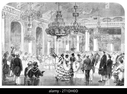 State Ball in Stockholm - nach einer Skizze unseres besonderen Künstlers, 1860. Nach der Krönung des Königs von Schweden zum König von Norwegen... wurde ein Ball von Ihren Majestäten in den Staatswohnungen des Palastes gegeben, der von der Elite der Gesellschaft überschwemmt wurde, die sich versammelt hatte, um ihrem Herrscher Ehre zu erweisen... der brillanten Ansammlung von Uniformen, der Galaxie der Schönheit hinzugefügt, bildete sich ein Coup d'oeil, der selten übertroffen wurde... Tanz wurde mit großem Geist in der "Grand Salle des Fetes" fortgesetzt... die hohe Persönlichkeit, mit seinem Hut in der Hand und in seinem gewöhnlichen Kleid, ist Th Stockfoto