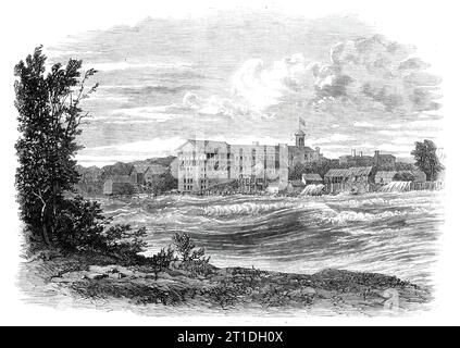 Niagara Falls Village: Die Rapids über den amerikanischen Wasserfällen - aus einer Zeichnung unseres besonderen Künstlers G.H. Andrews, 1860. Das Dorf Niagara Falls... liegt direkt über dem amerikanischen Fall und beherbergt Kirchen, Hotels und Manufakturen von Dampfmaschinen, Wolltuch und Papier, mit Mais- und Sägewerken. Die Bevölkerung beträgt über 1000. Die Buffalo und Lockport Railways treffen sich hier. Aus Illustrated London News, 1860. Stockfoto