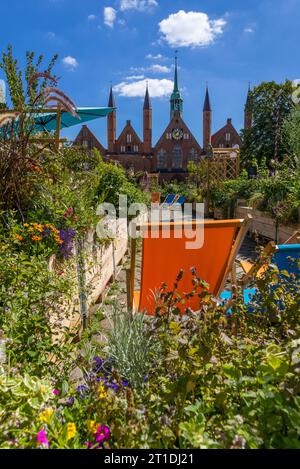 Lübecker Kulturgarten in Koberg mit Blick auf das Heiligen-Geist-Krankenhaus, Lübeck, Schleswig-Holstein, Deutschland, Europa Stockfoto