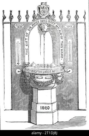 Neuer Trinkbrunnen in der Fleet Street, [London], 1860. "Die interessante Zeremonie der Eröffnung eines neuen Trinkbrunnens, errichtet auf Kosten von Sir James Duke, Bart., M.P. und Stadtrat der Gemeinde von Farringdon ohne, vor der Pfarrkirche von St. Dunstan-in-the-West fand am Mittwoch in Anwesenheit von Sir James Duke, Bart., Pfarrer Auriol, Rektor und zahlreichen anderen Herren statt. Das Design ist klassisch, die Basis wird von einer Nische überzogen, auf der sich ein Delfinkopf befindet, dessen Wasser aus der Mündung austritt. Um das Becken herum sind flo-Festoons Stockfoto