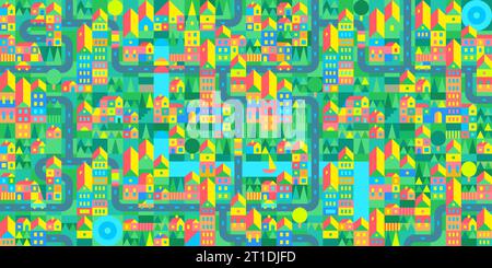 Buntes Nahtloses Abstraktes Cartoon Urban Vector Bauhaus Schweizer Geometrisches Stadtmuster Design Stock Vektor
